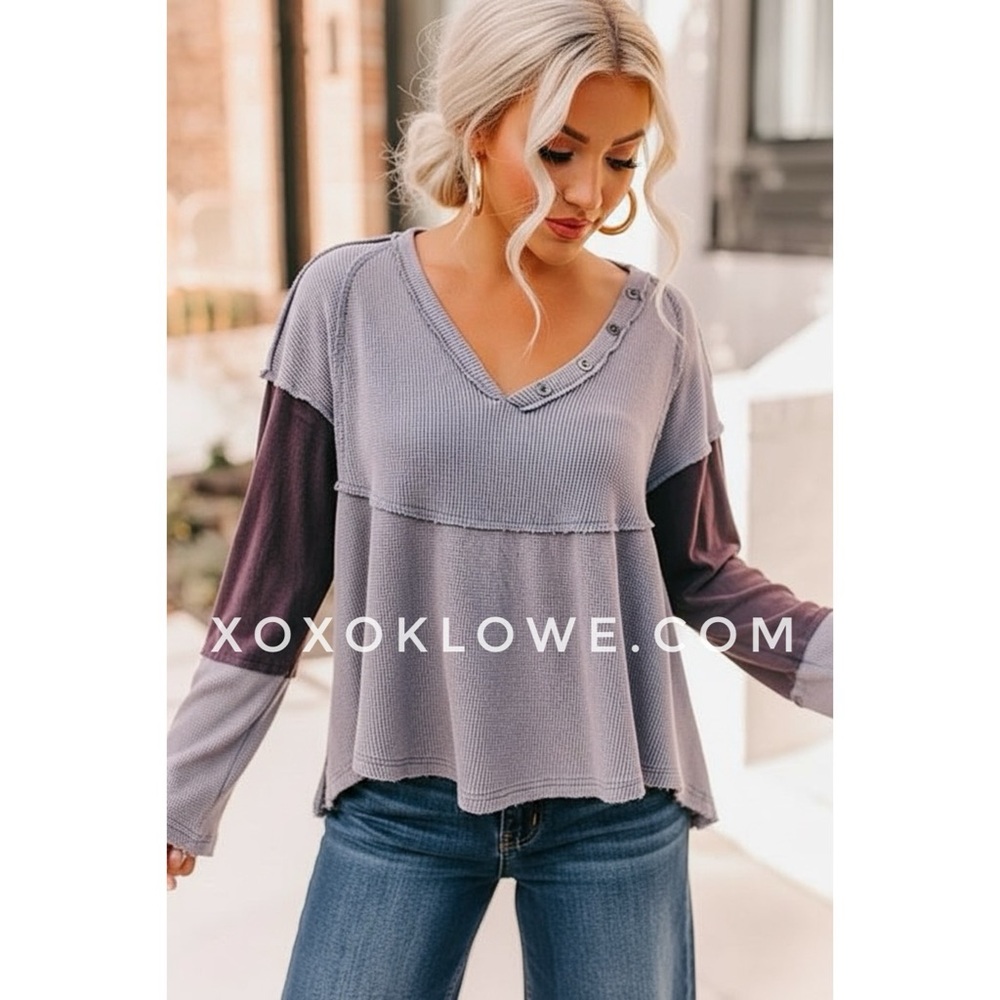 POL Navy Blue Washed Waffle Knit Babydoll Top | Color Block Sleeves
